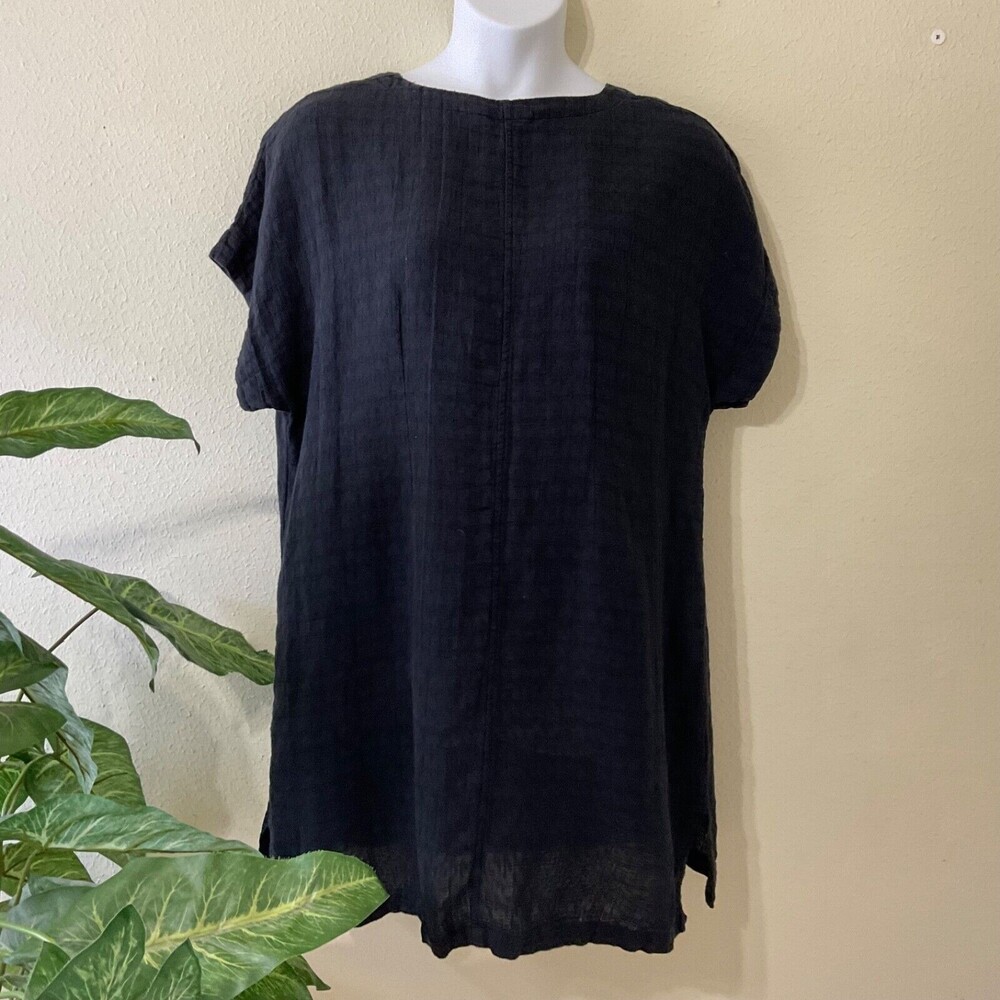 Women's Black Short-Sleeve Linen Blend Tunic Dress